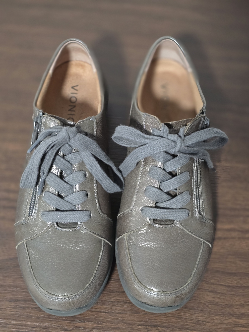 Vionic Women's Gray Leather Lace-Up Sneakers with Side Zipper - Picture 2 of 8